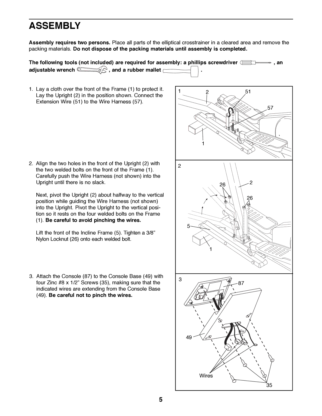 Healthrider E 530 manual Assembly, Be careful to avoid pinching the wires 