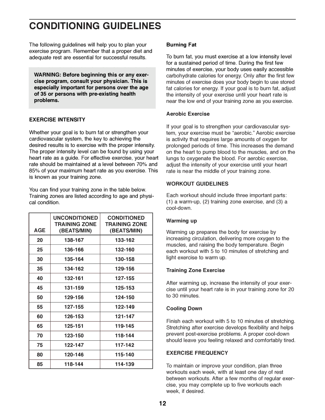 Healthrider E660 manual Conditioning Guidelines, Exercise Intensity, Unconditioned Conditioned Training Zone BEATS/MIN AGE 