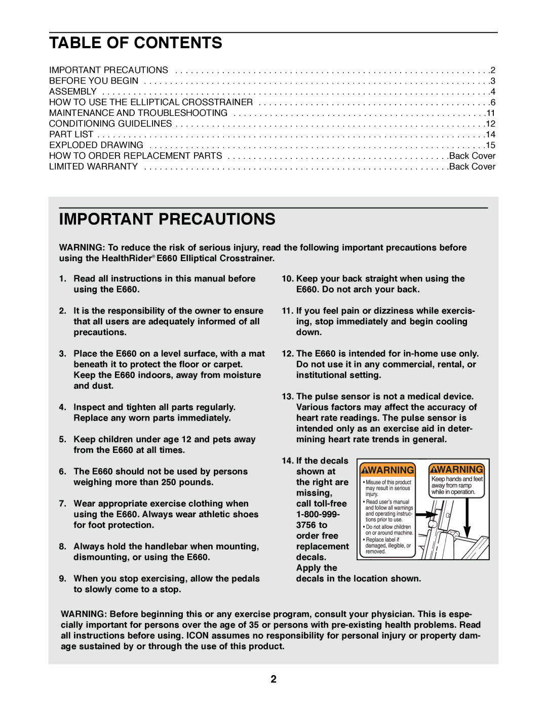 Healthrider E660 manual Table of Contents, Important Precautions 