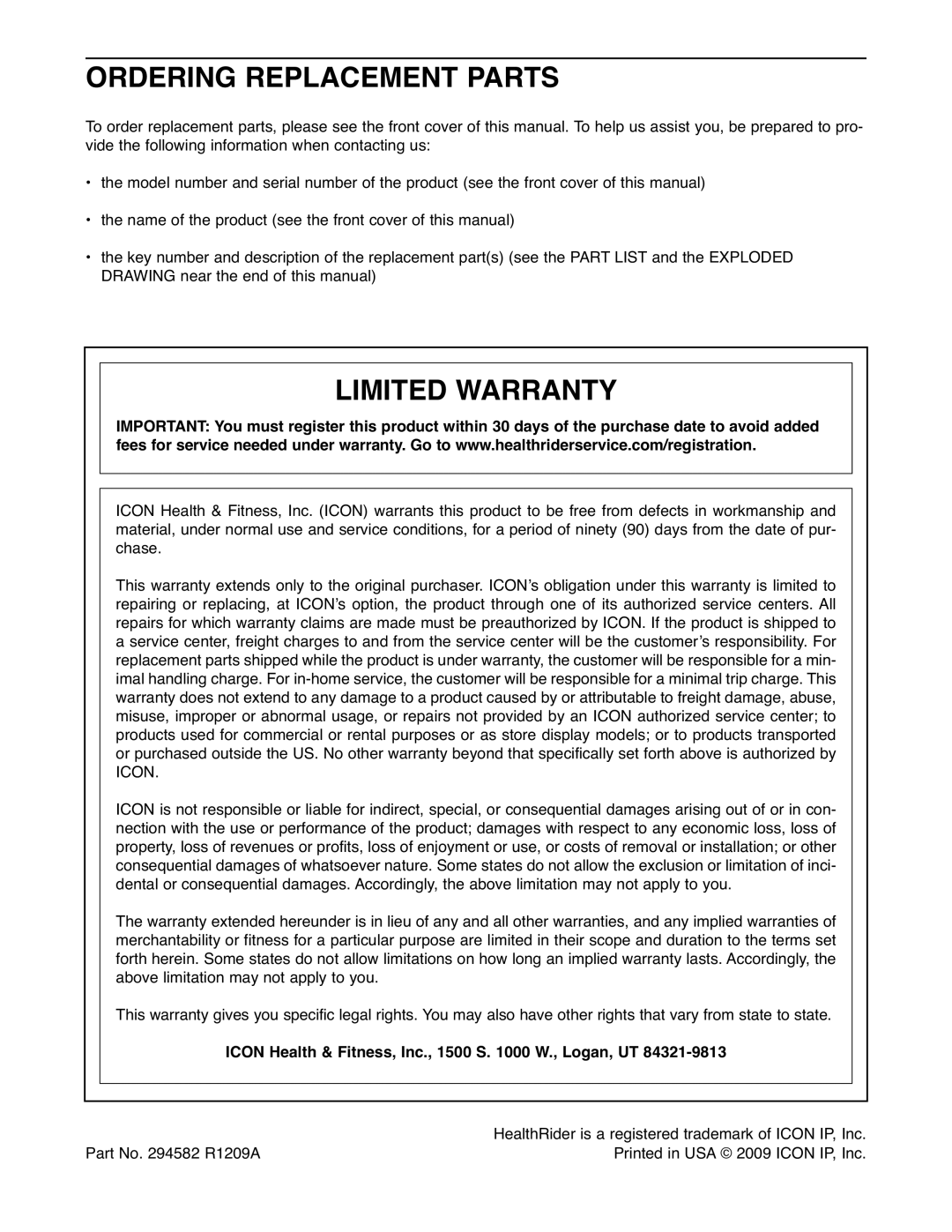 Healthrider H10t manual Ordering Replacement Parts, Limited Warranty, Icon Health & Fitness, Inc., 1500 S W., Logan, UT 