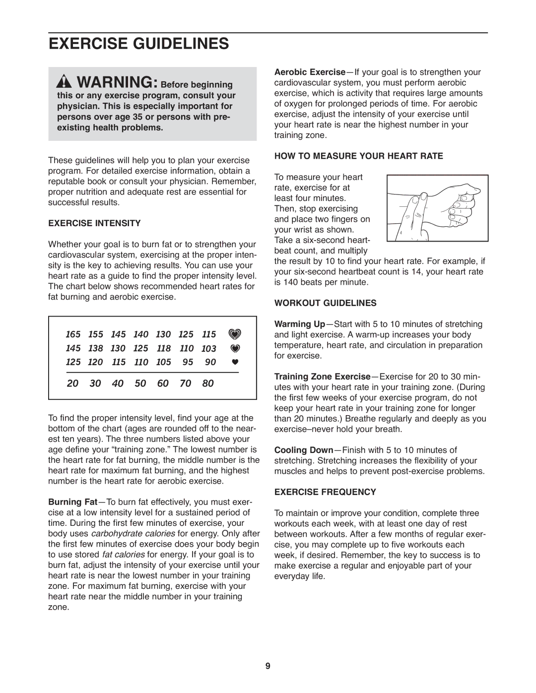 Healthrider H10t manual Exercise Guidelines, Exercise Intensity, HOW to Measure Your Heart Rate, Workout Guidelines 