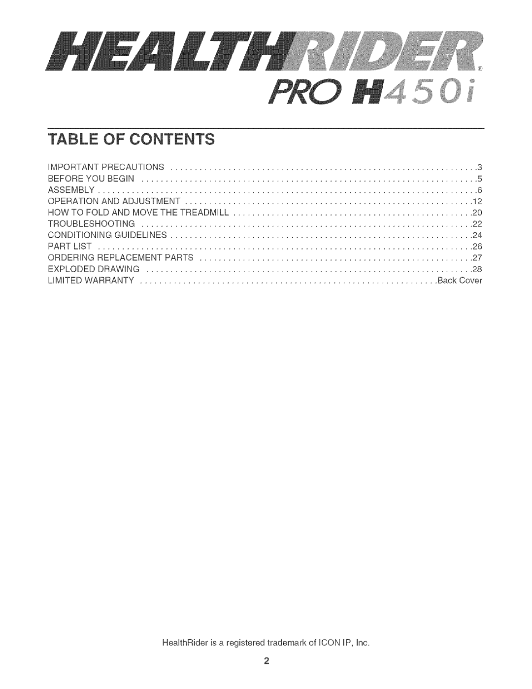 Healthrider H450I manual Contents 