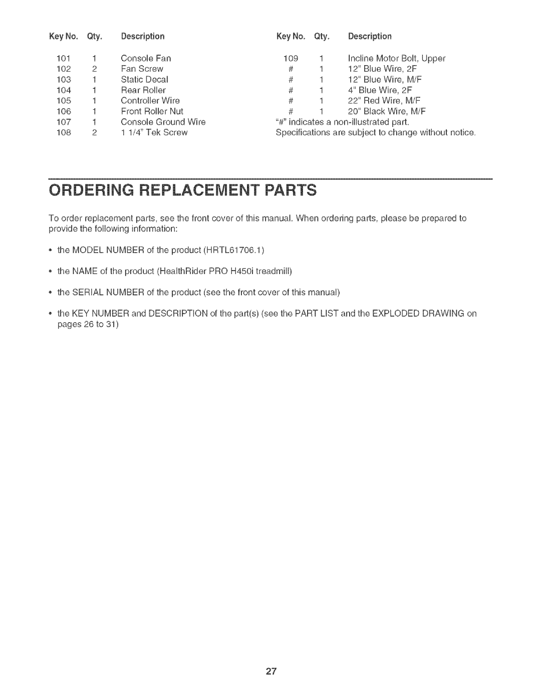 Healthrider H450I manual Ordering Replacement Parts 