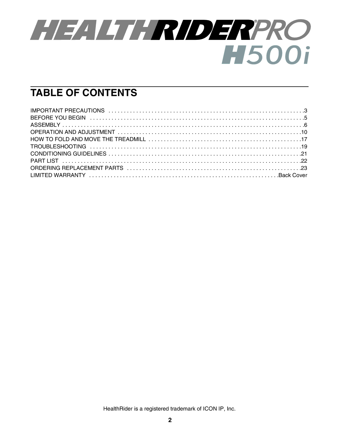 Healthrider H500i manual Table of Contents 