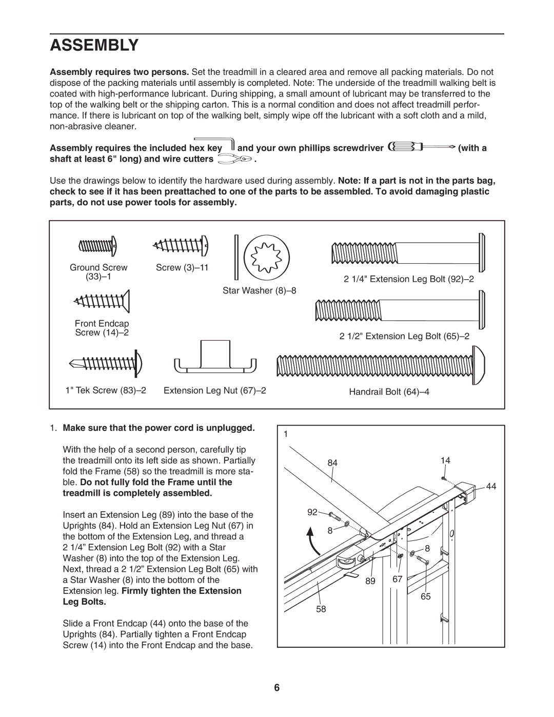 Healthrider H500i manual Assembly, Shaft at least 6 long and wire cutters, Make sure that the power cord is unplugged 