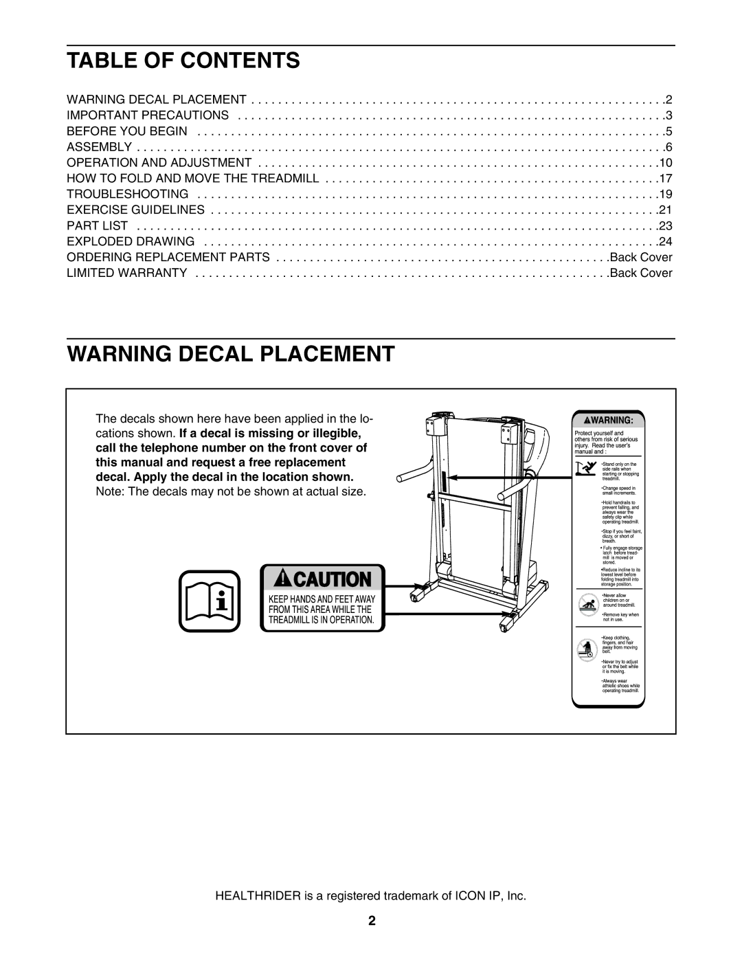 Healthrider H500i manual Table of Contents 