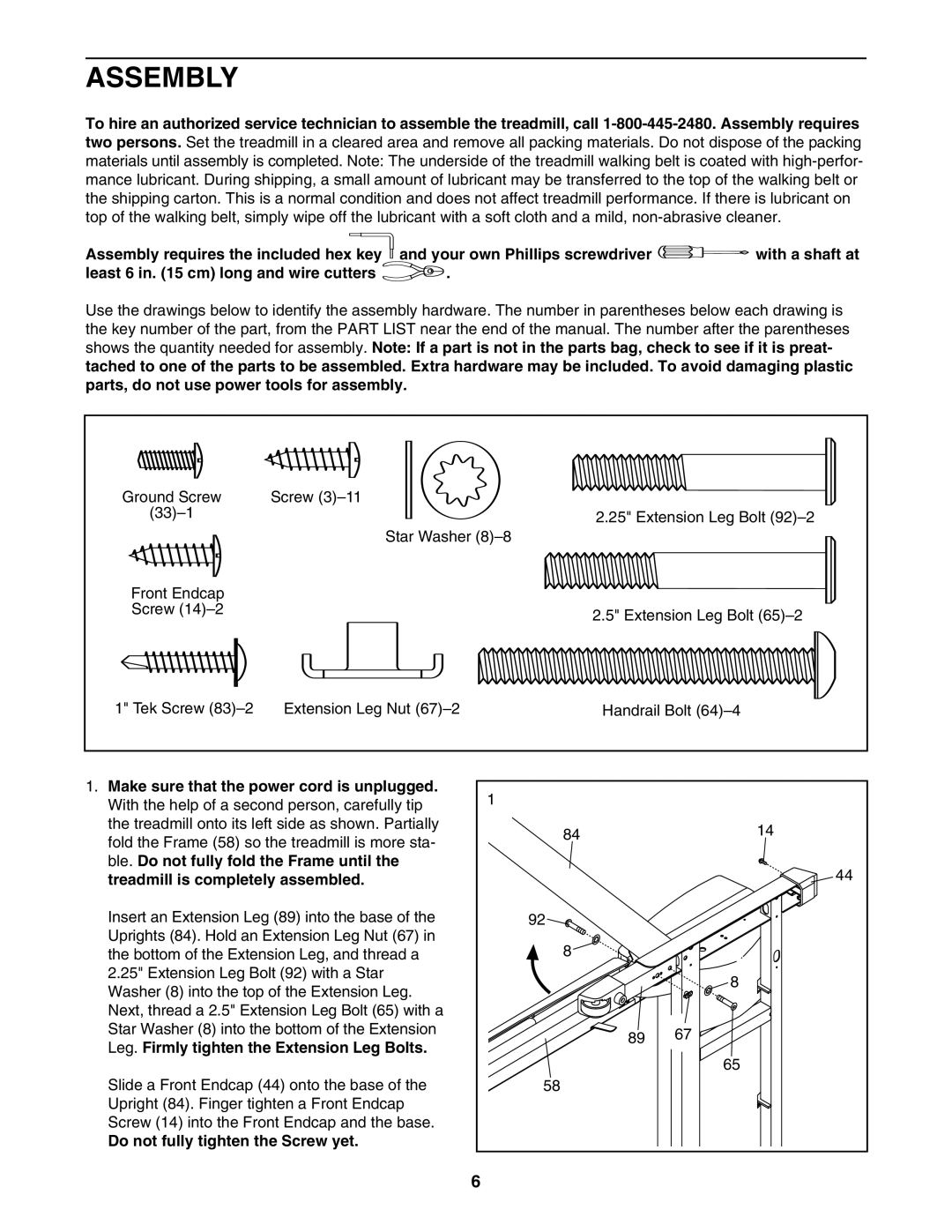 Healthrider H500i manual Assembly, Make sure that the power cord is unplugged, Leg. Firmly tighten the Extension Leg Bolts 