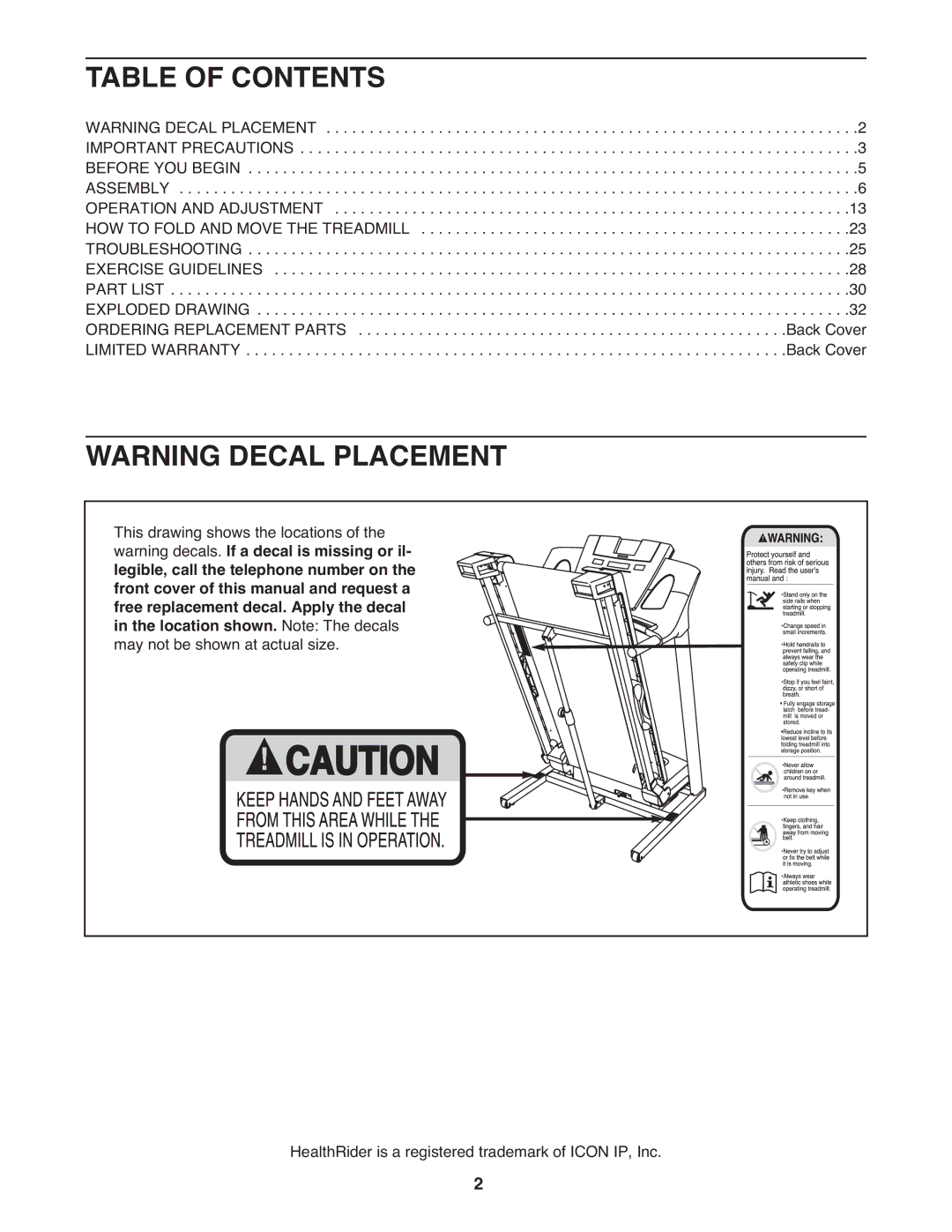 Healthrider H75t manual Table of Contents 