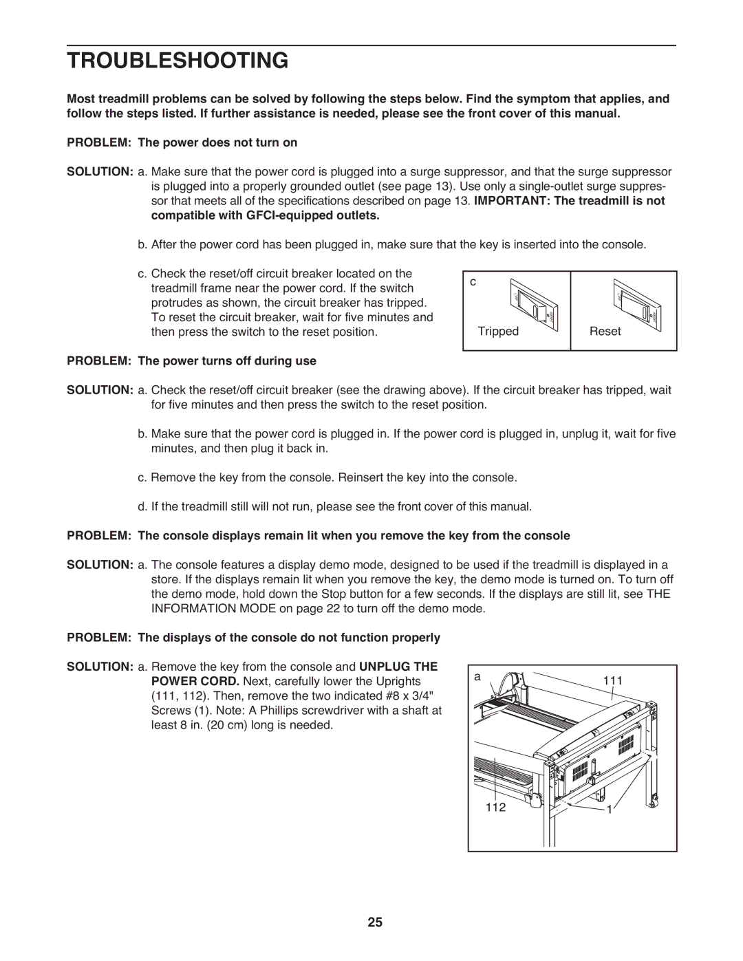 Healthrider H75t manual Troubleshooting, Compatible with GFCI-equipped outlets, Problem The power turns off during use 