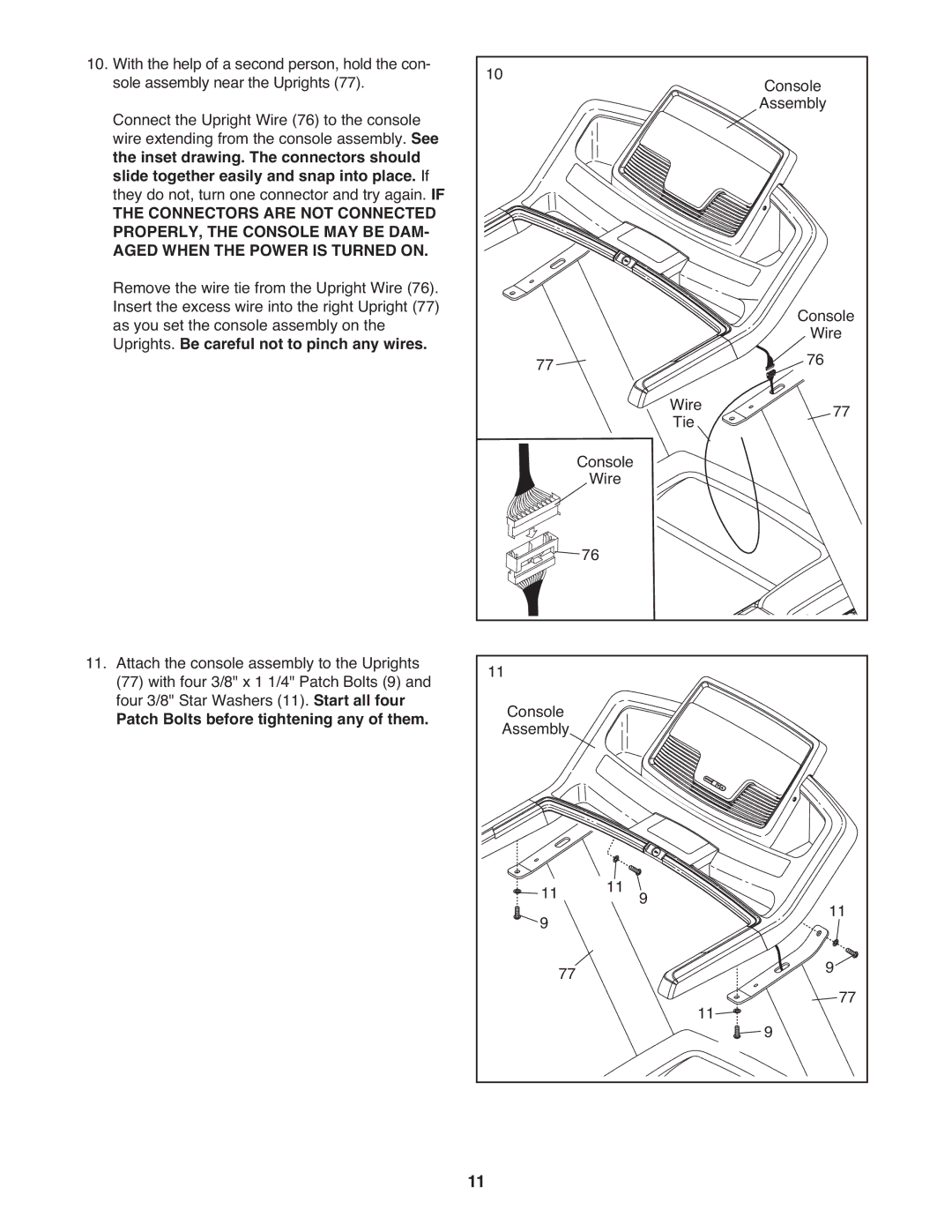 Healthrider H90T manual Uprights. Be careful not to pinch any wires, Patch Bolts before tightening any of them 