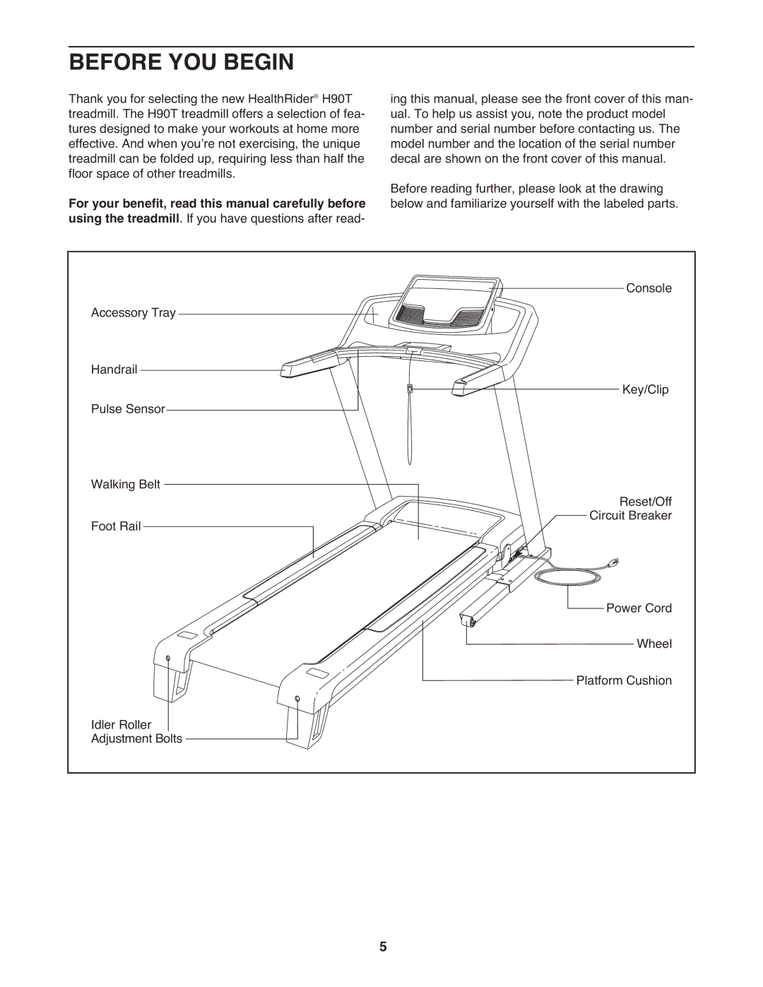 Healthrider H90T manual Before YOU Begin 