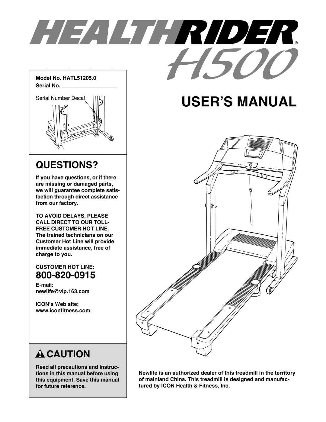Healthrider manual Questions?, Model No. HATL51205.0 Serial No, Customer HOT Line 