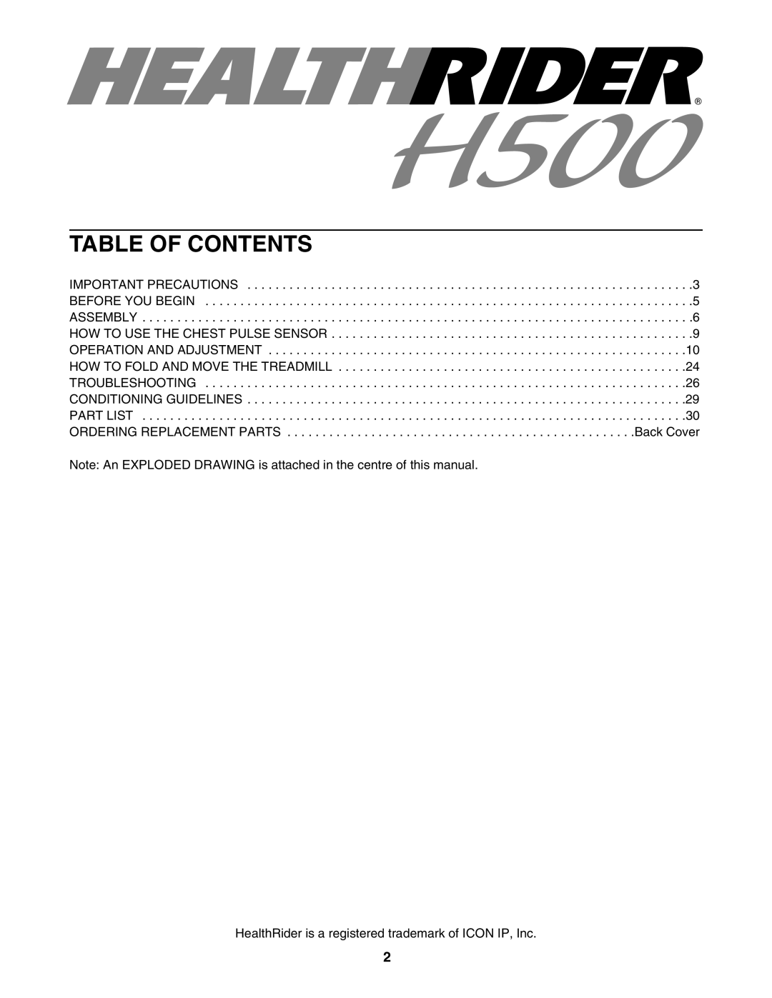 Healthrider HATL51205.0 manual Table of Contents 