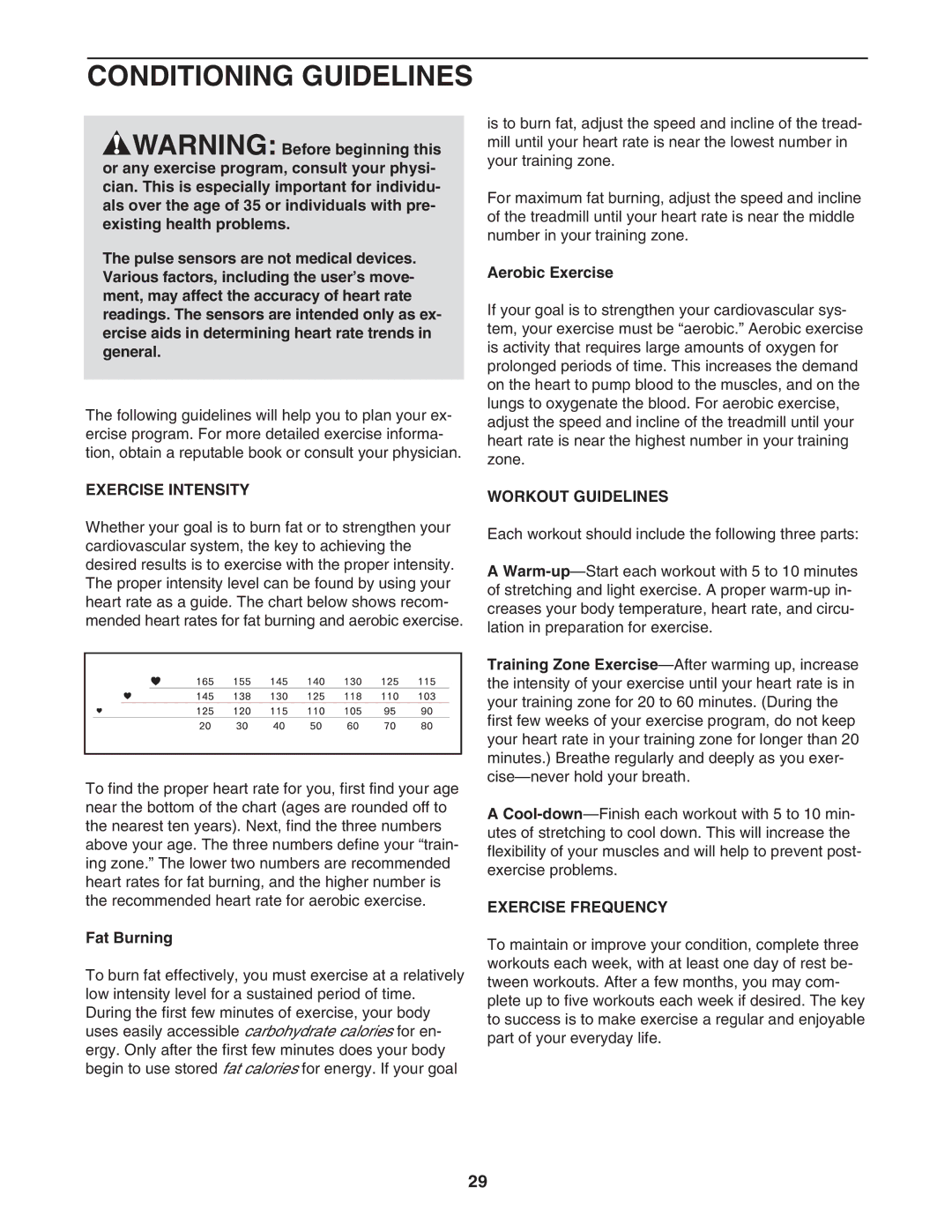 Healthrider HATL51205.0 manual Conditioning Guidelines, Exercise Intensity, Workout Guidelines, Exercise Frequency 