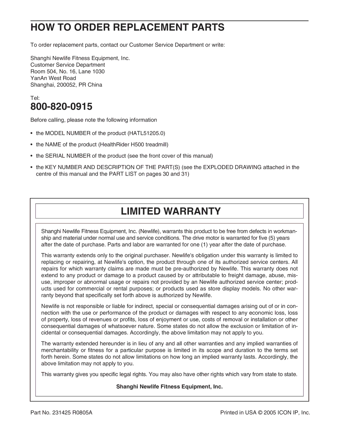Healthrider HATL51205.0 manual HOW to Order Replacement Parts, Limited Warranty, Shanghi Newlife Fitness Equipment, Inc 