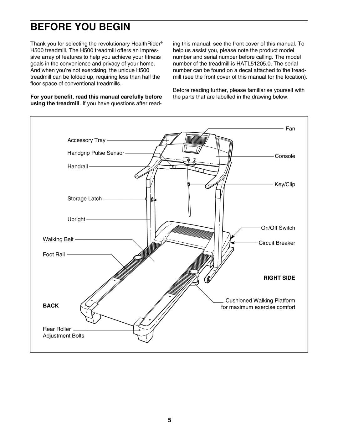 Healthrider HATL51205.0 manual Before YOU Begin, Right Side, Back 