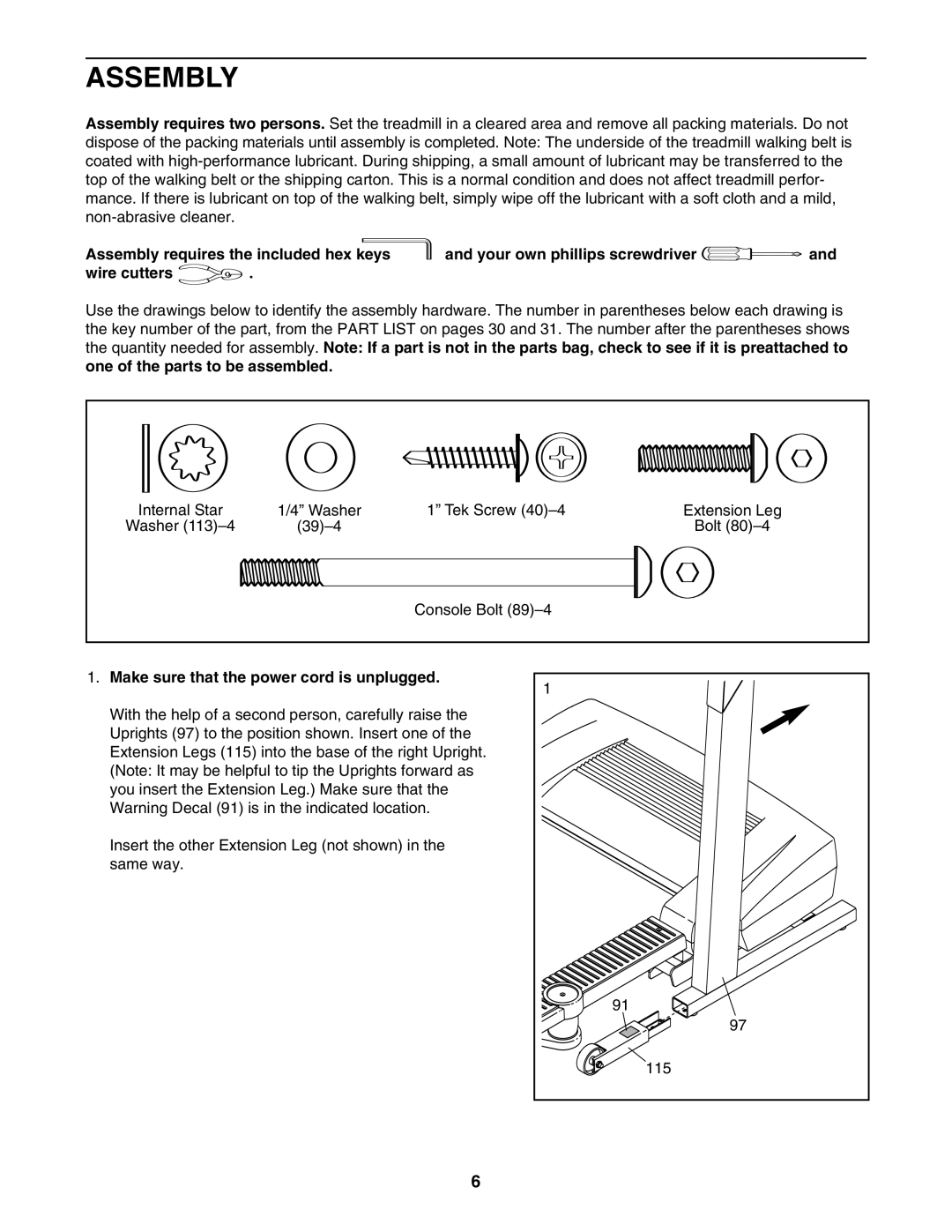 Healthrider HATL51205.0 manual Assembly, Make sure that the power cord is unplugged 