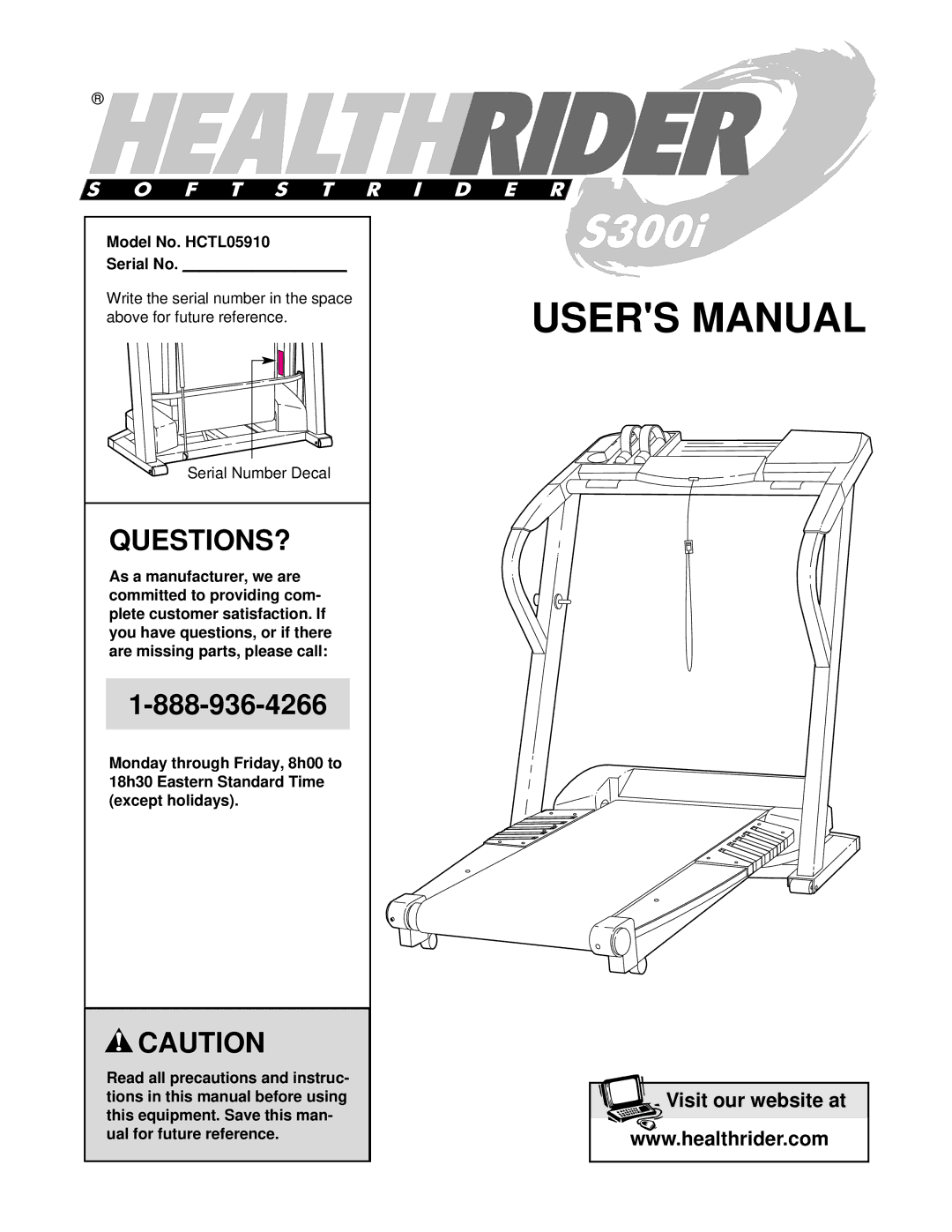 Healthrider manual Questions?, Model No. HCTL05910 Serial No, Serial Number Decal 