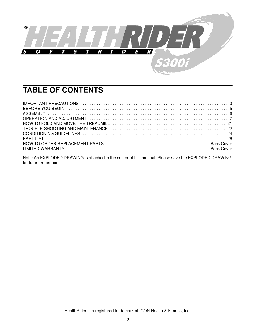 Healthrider HCTL05910 manual Table of Contents 