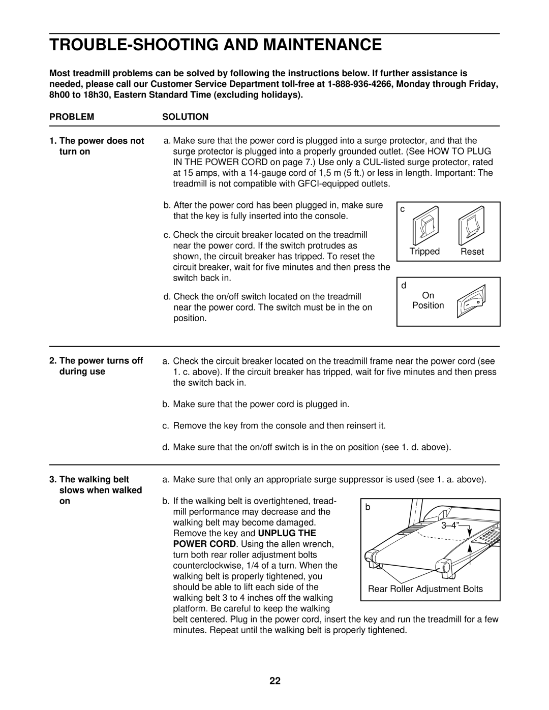 Healthrider HCTL05910 manual TROUBLE-SHOOTING and Maintenance, Problemsolution, Unplug, Power Cord 