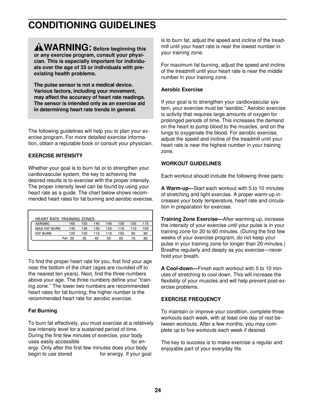 Healthrider HCTL05910 manual Conditioning Guidelines, Exercise Intensity, Workout Guidelines, Exercise Frequency 