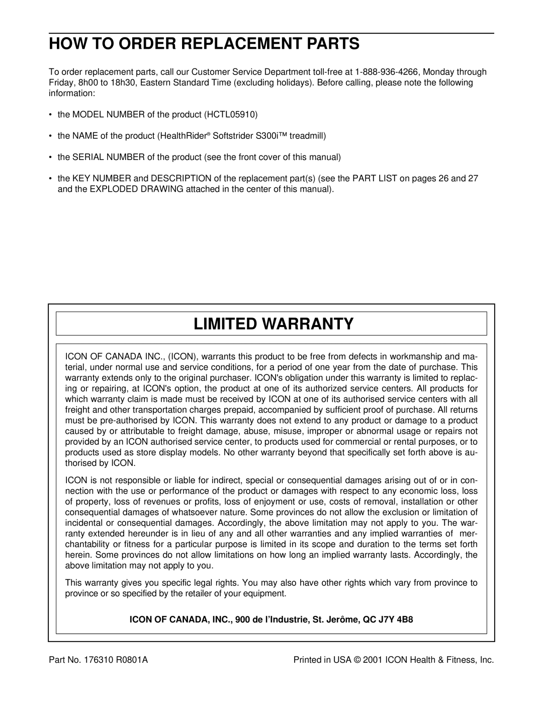 Healthrider HCTL05910 manual HOW to Order Replacement Parts, Limited Warranty, Part No R0801A 