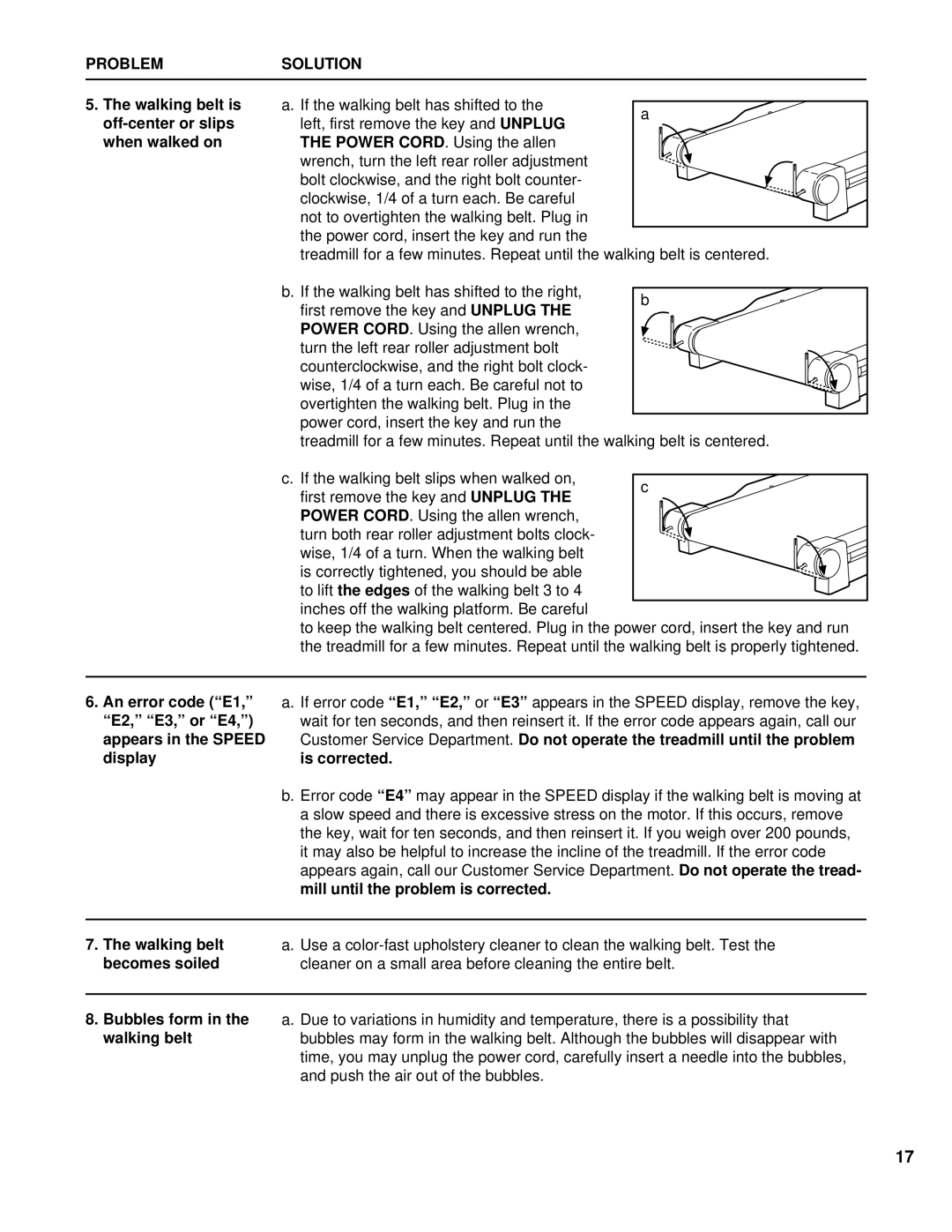 Healthrider HCTL06190 manual Problemsolution, Walking belt is off-center or slips when walked on, Becomes soiled 