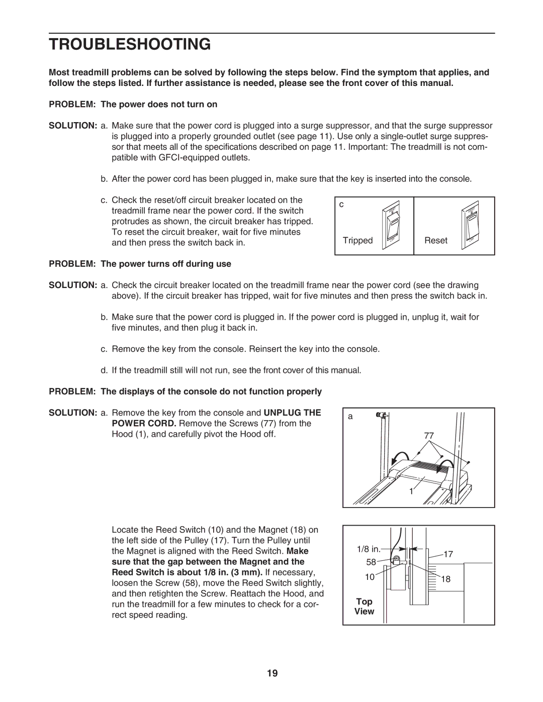 Healthrider HMTL39906.1 manual Troubleshooting, Problem The power turns off during use, Top 