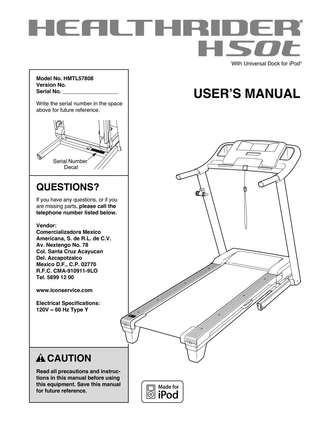 Healthrider manual Questions?, Model No. HMTL57808 Version No Serial No 