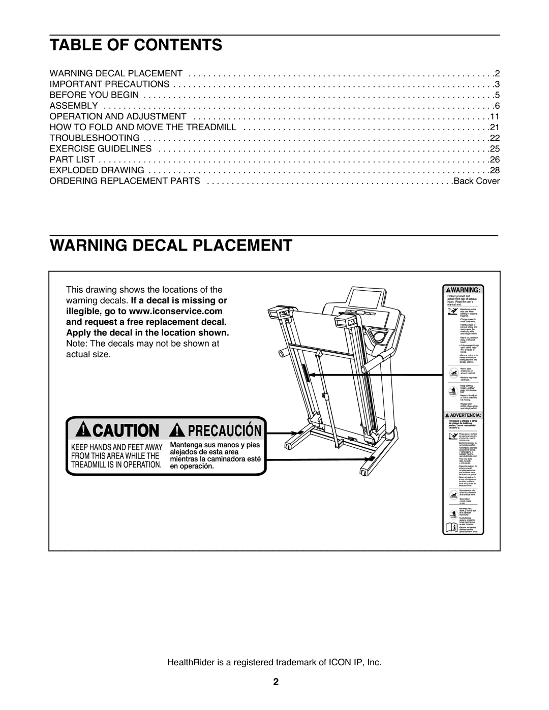 Healthrider HMTL79608.0 manual Table of Contents 