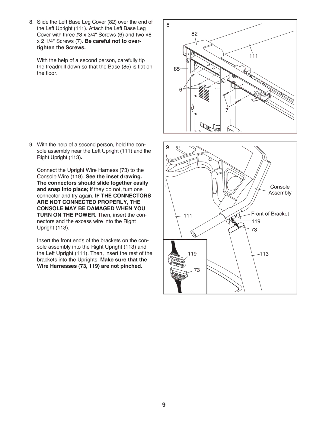 Healthrider HMTL79608.0 manual Wire Harnesses 73, 119 are not pinched 