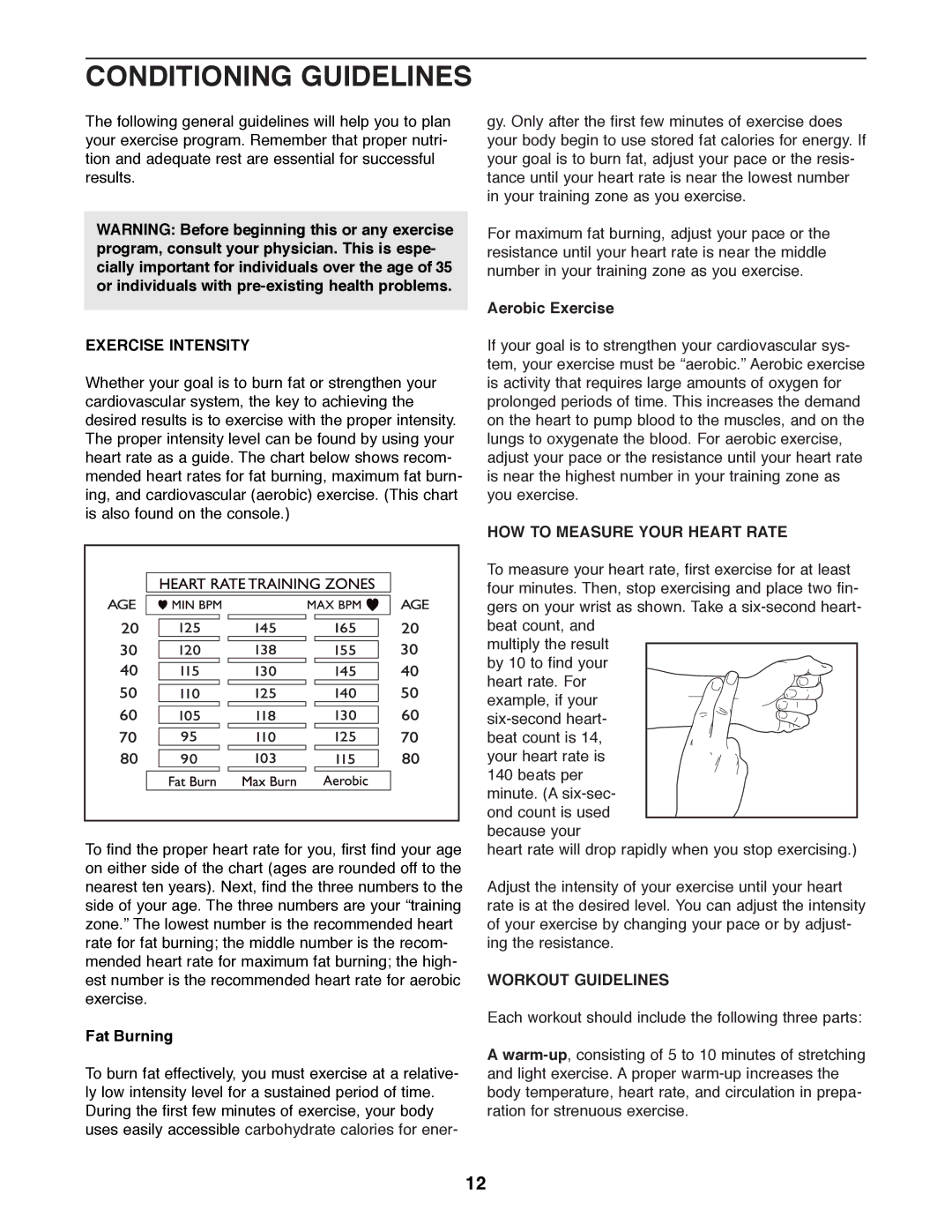 Healthrider HRAW56071 Conditioning Guidelines, Exercise Intensity, HOW to Measure Your Heart Rate, Workout Guidelines 