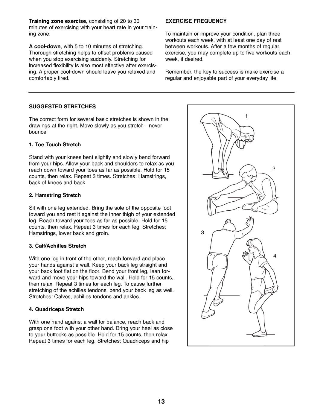 Healthrider HRAW56071 manual Exercise Frequency, Suggested Stretches 