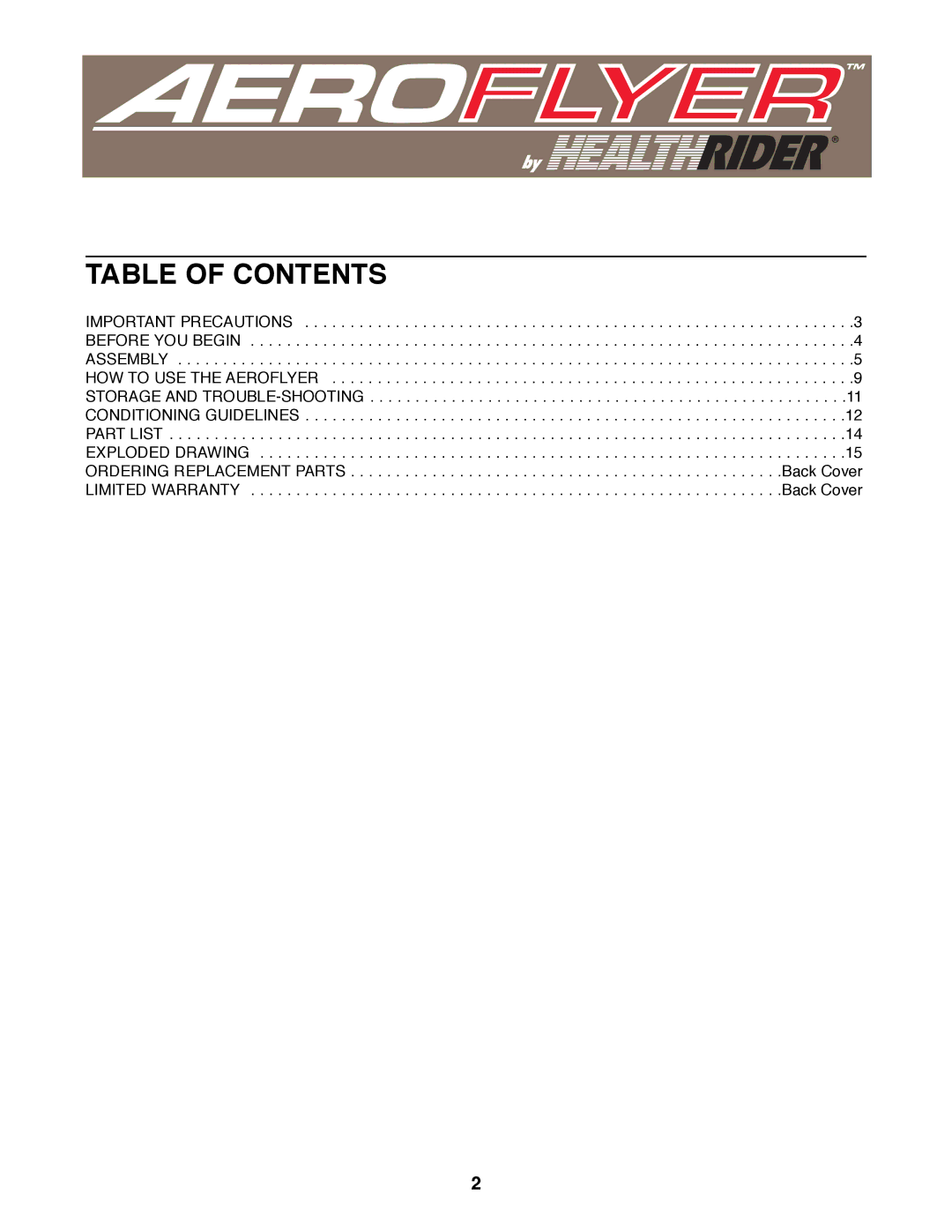 Healthrider HRAW56071 manual Table of Contents 