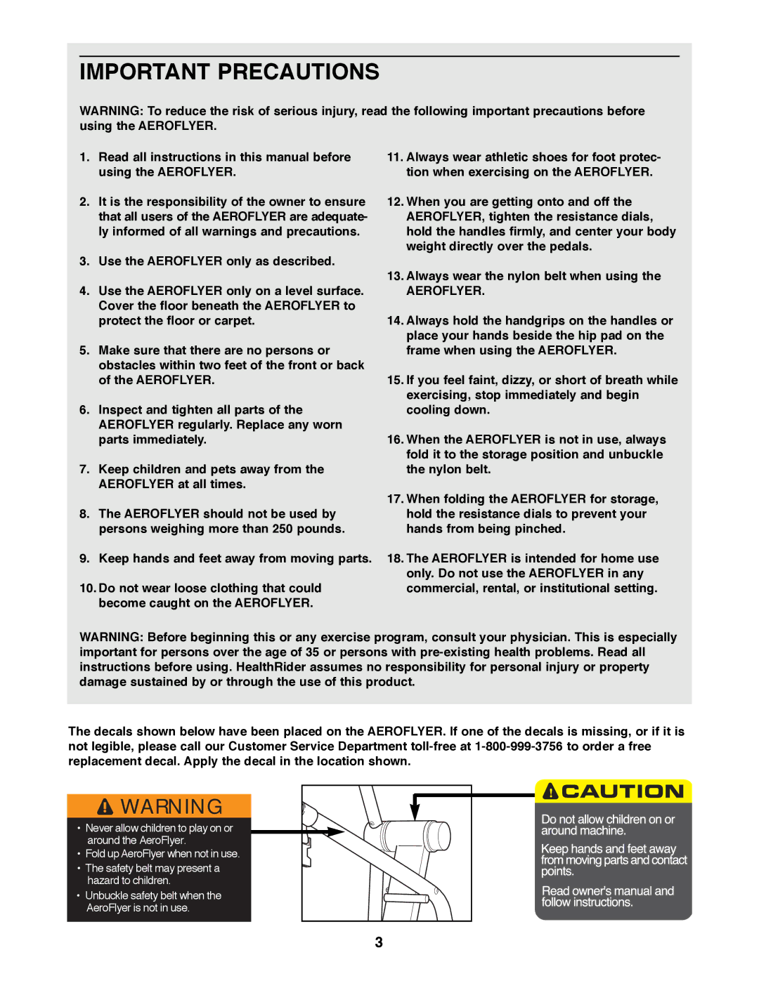 Healthrider HRAW56071 manual Important Precautions, Aeroflyer 