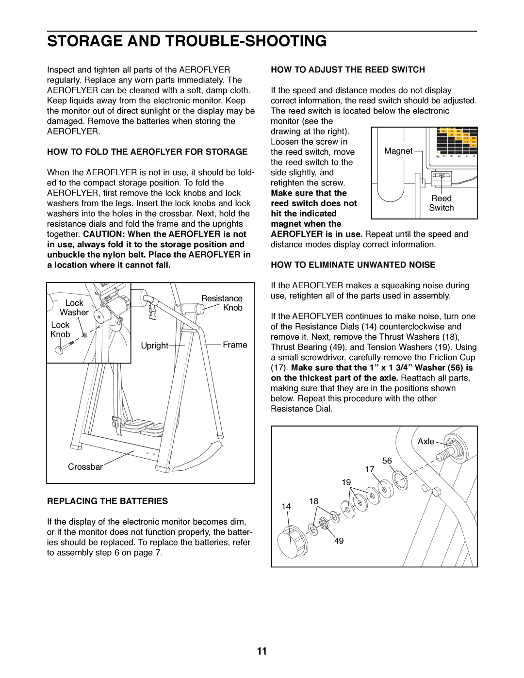 Healthrider HRAW56073 manual Storage and TROUBLE-SHOOTING, HOW to Fold the Aeroflyer for Storage, Replacing the Batteries 