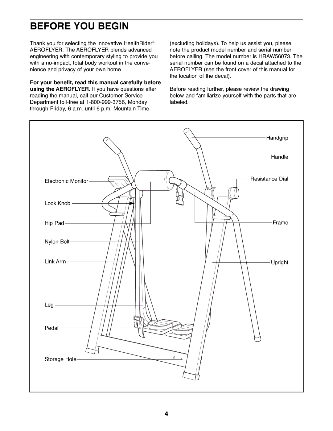 Healthrider HRAW56073 manual Before YOU Begin 