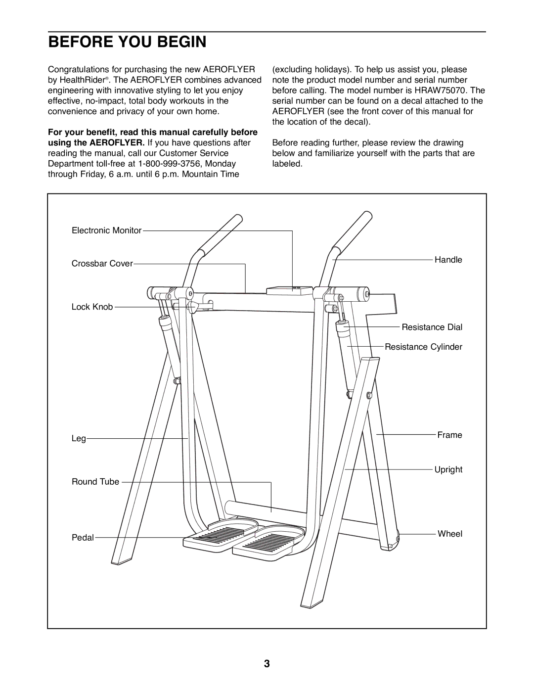 Healthrider HRAW75070 manual Before YOU Begin 