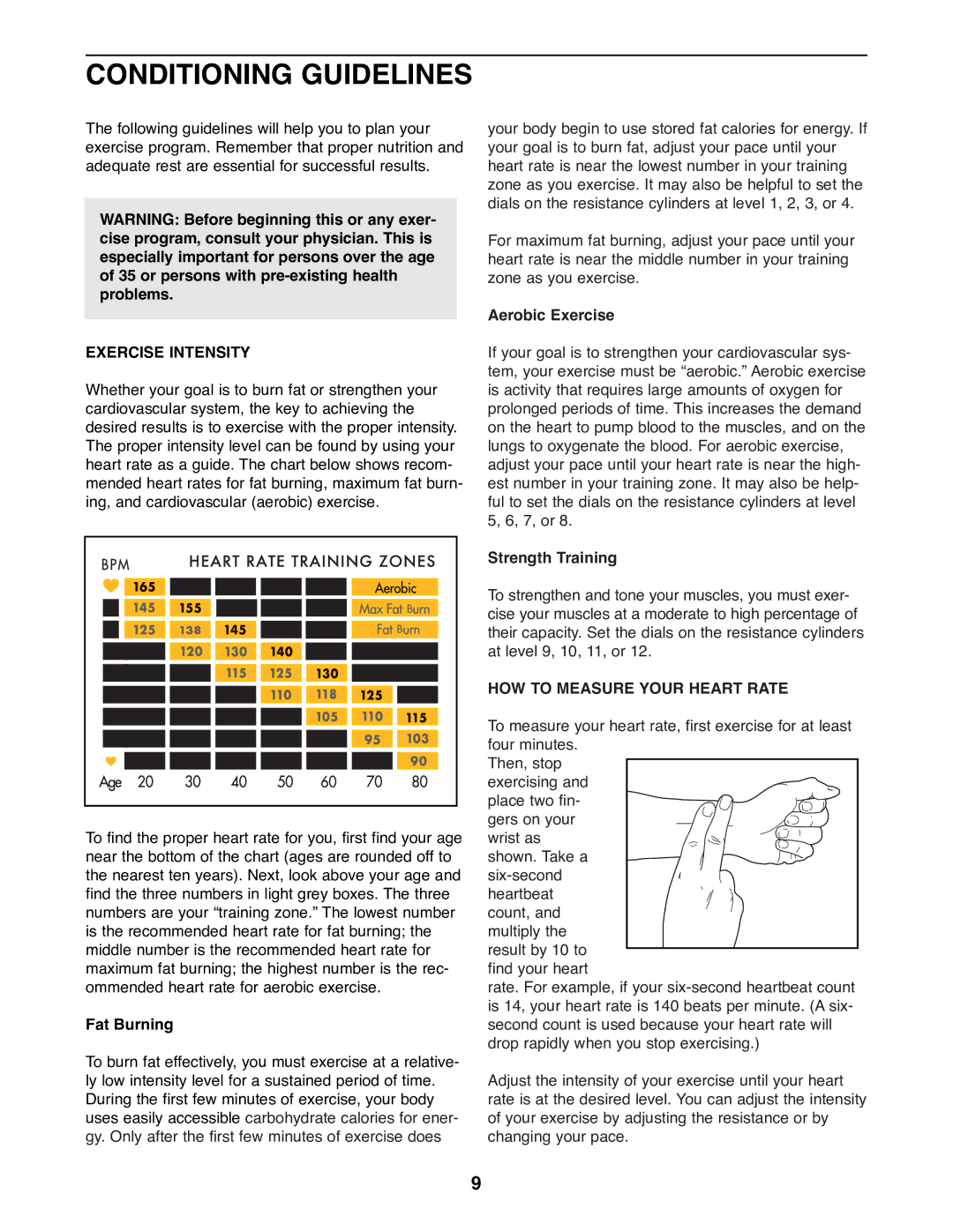 Healthrider HRAW75070 manual Conditioning Guidelines, Exercise Intensity, HOW to Measure Your Heart Rate 