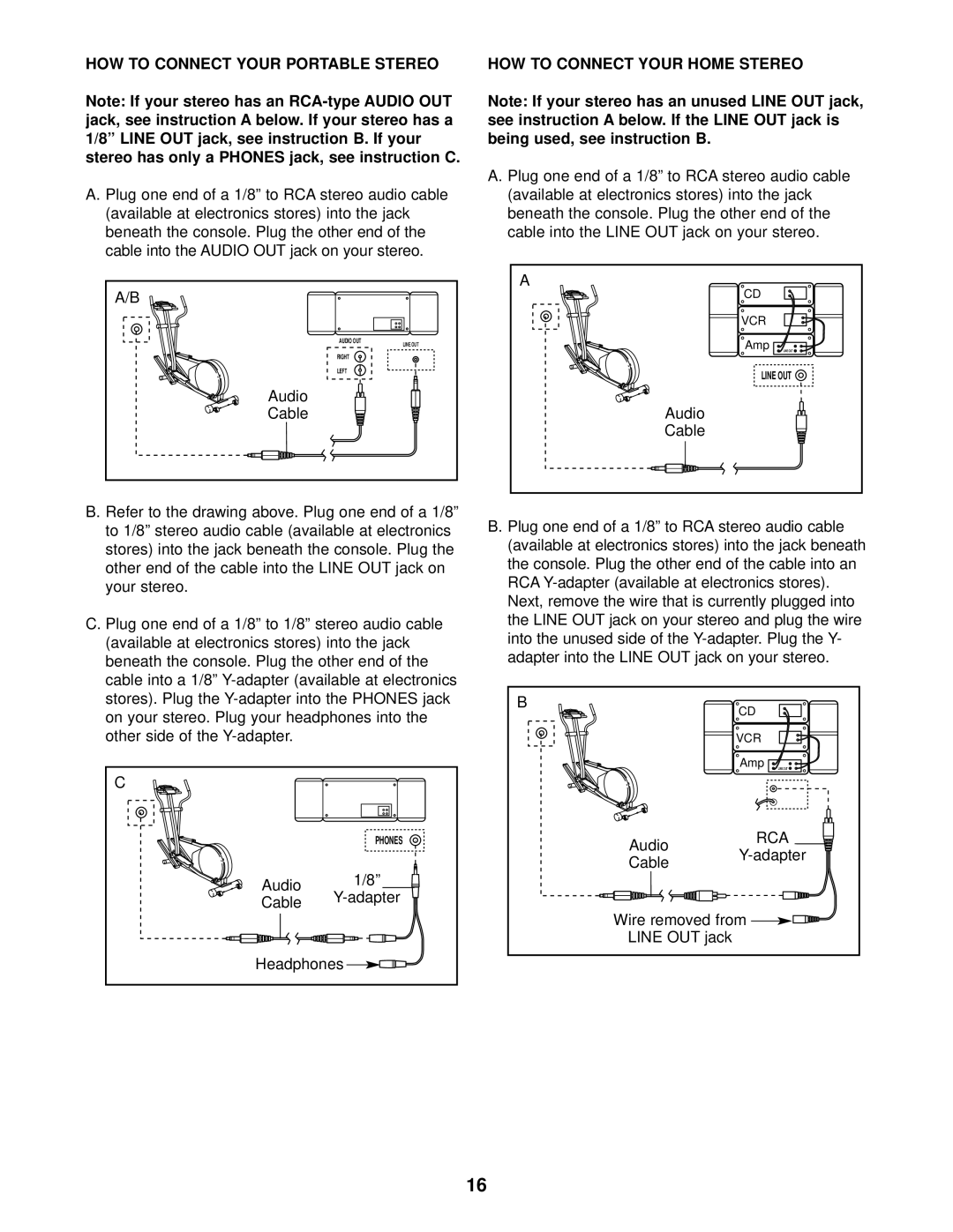 Healthrider HRCCEL49011 HOW to Connect Your Portable Stereo, Audio Cable, HOW to Connect Your Home Stereo, Line OUT jack 