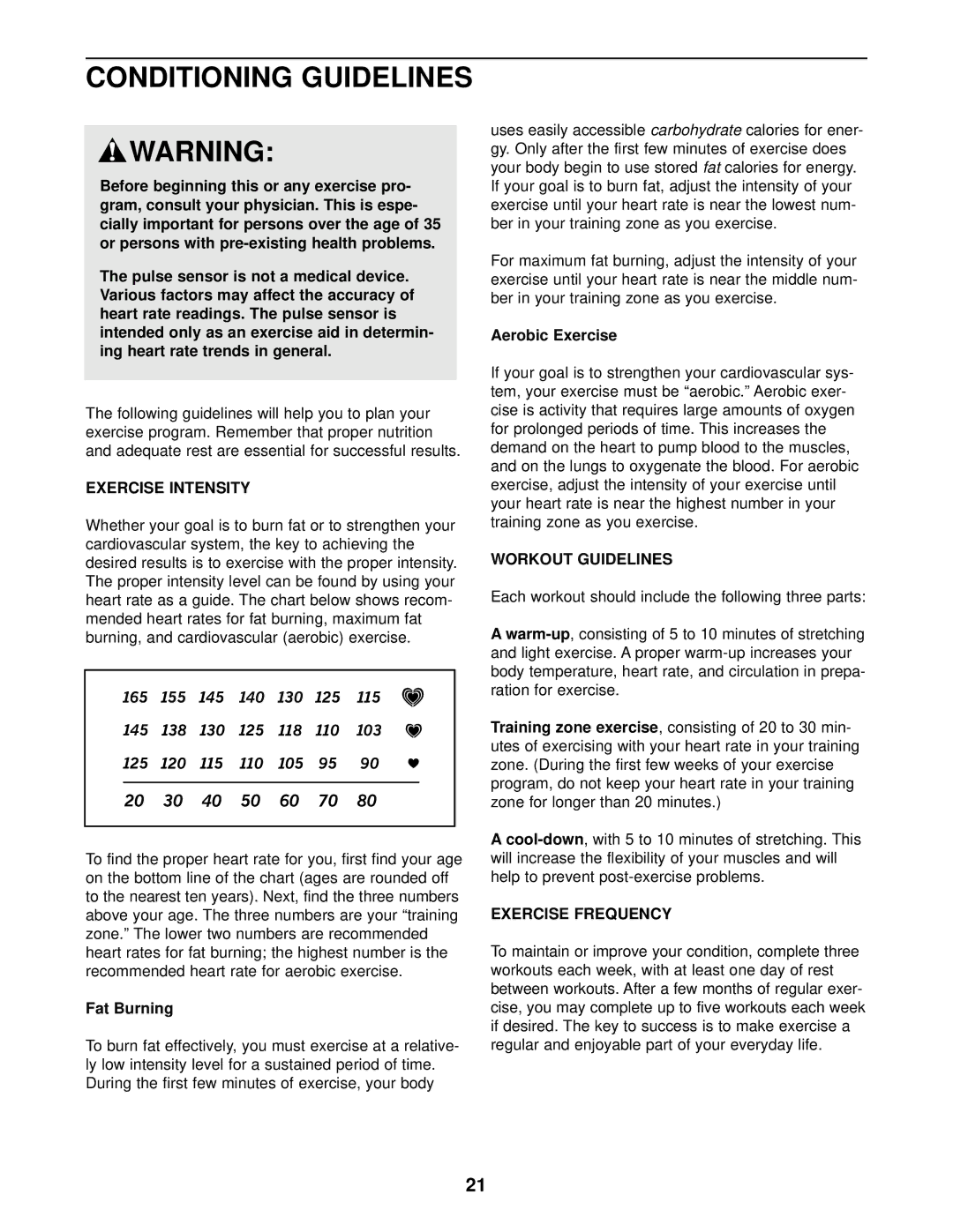 Healthrider HRCCEL49011 manual Conditioning Guidelines, Exercise Intensity, Workout Guidelines, Exercise Frequency 