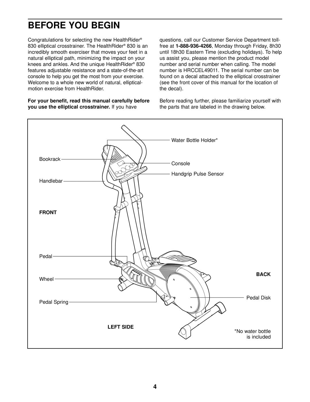 Healthrider HRCCEL49011 manual Before YOU Begin, Front, Left Side 