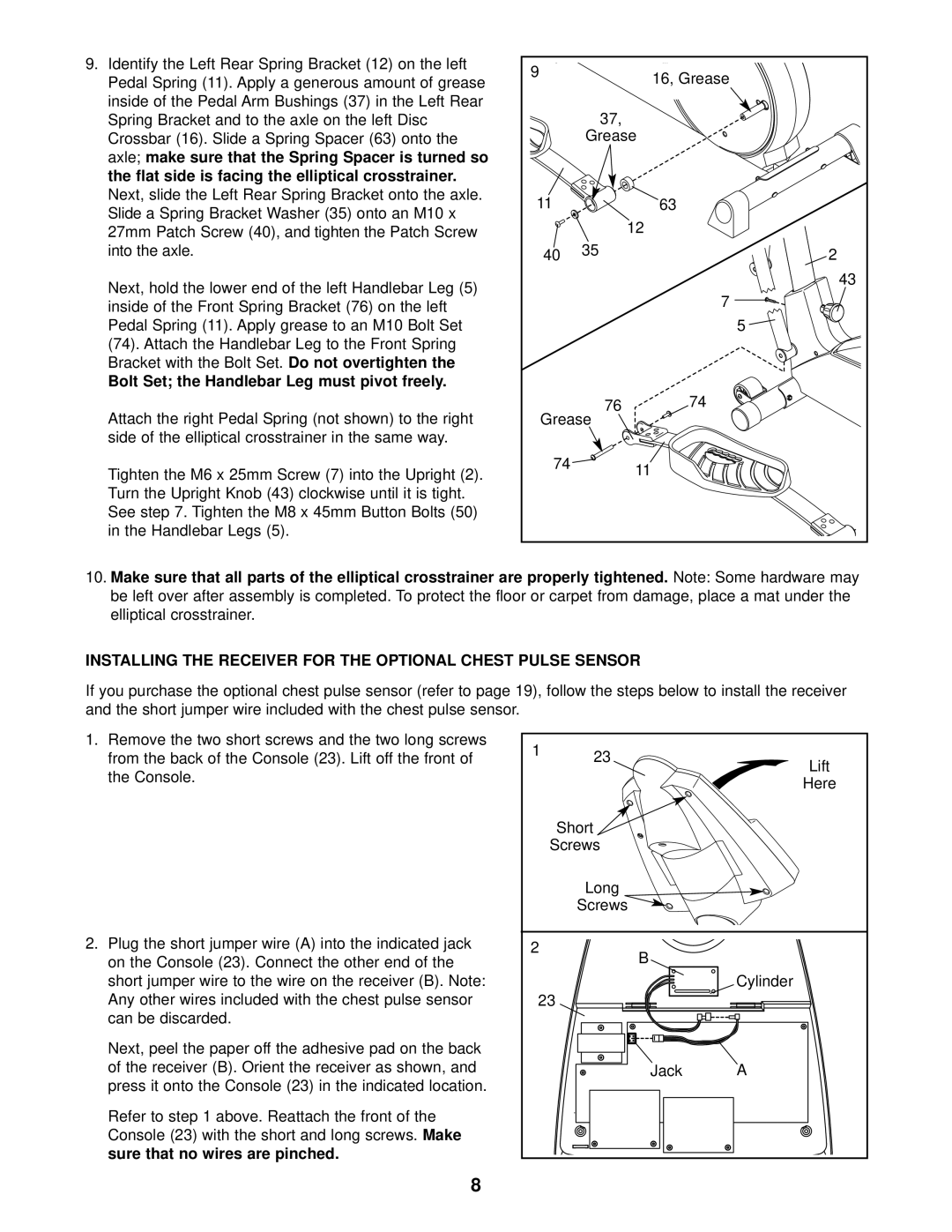 Healthrider HRCCEL49011 manual Flat side is facing the elliptical crosstrainer, Can be discarded, Long Screws Cylinder Jack 