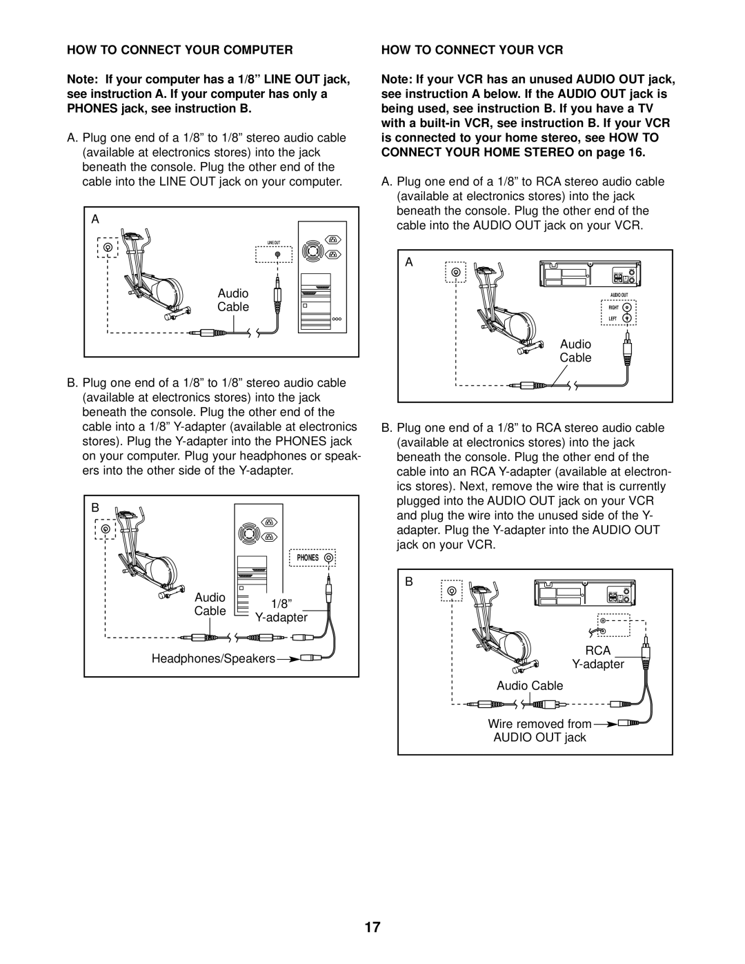 Healthrider HRCCEL49011 How To Connect Your Computer, PHONES jack, see instruction B, How To Connect Your Vcr, Y-adapter 