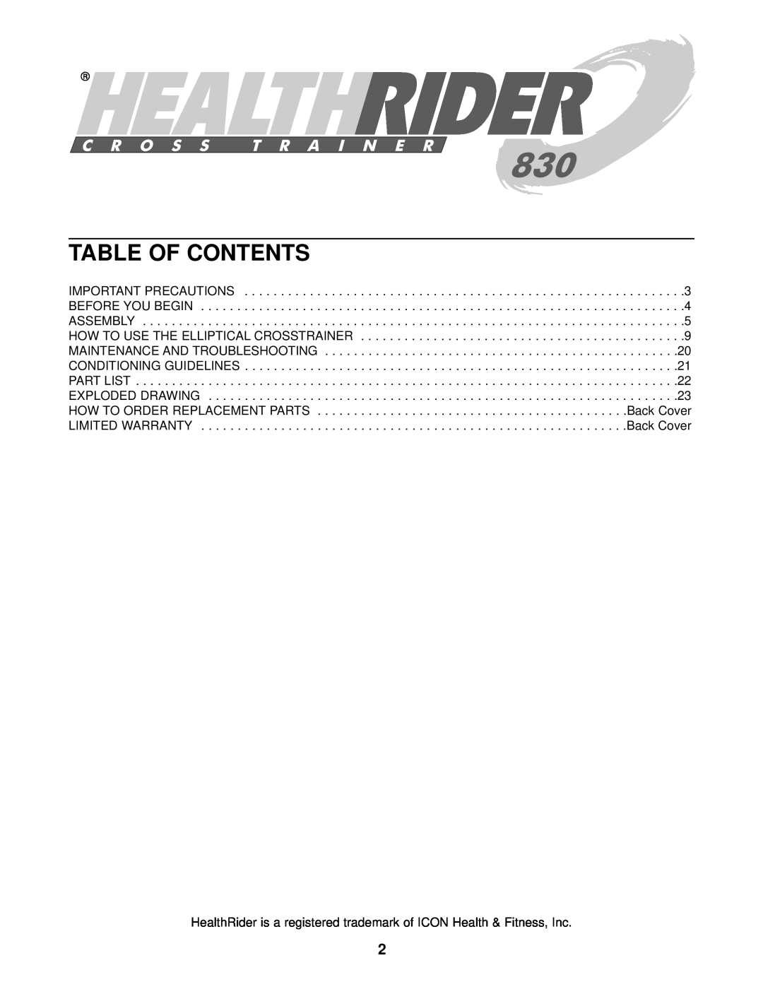 Healthrider HRCCEL49011 Table Of Contents, Important Precautions, Before You Begin, Assembly, Conditioning Guidelines 