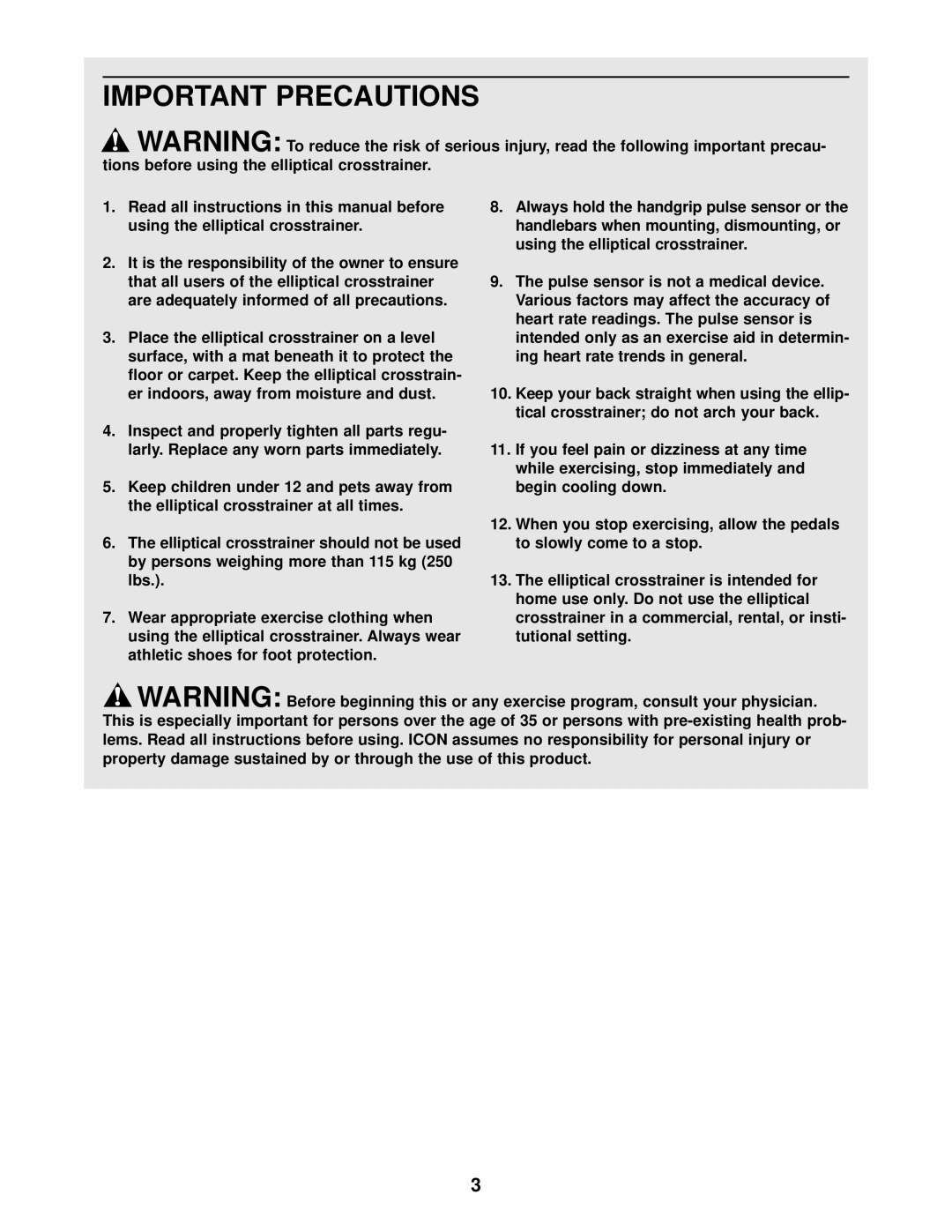 Healthrider HRCCEL49011 manual Important Precautions, Keep children under 12 and pets away from 