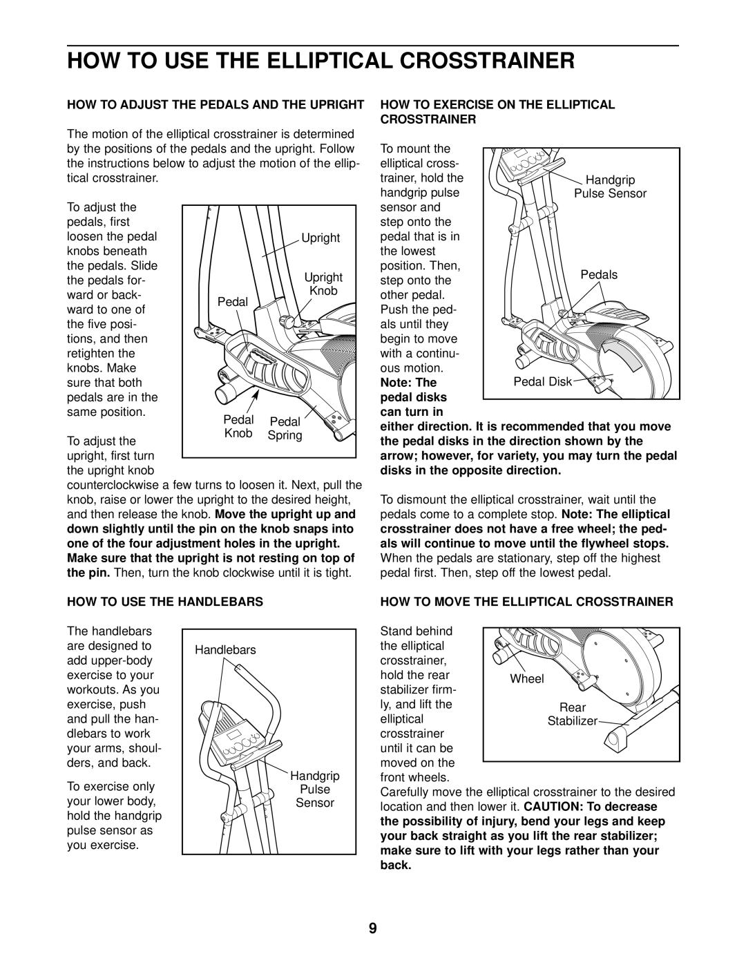 Healthrider HRCCEL49011 How To Adjust The Pedals And The Upright, the pin, How To Exercise On The Elliptical Crosstrainer 
