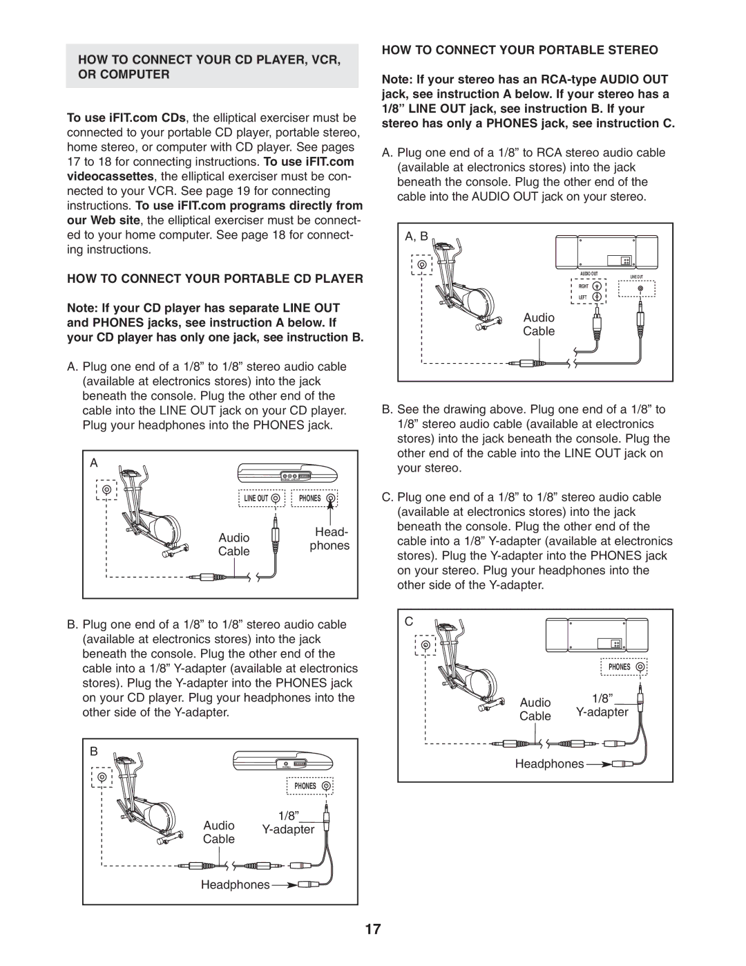 Healthrider HRCCEL59930 manual HOW to Connect Your Portable Stereo, Audio Cable 