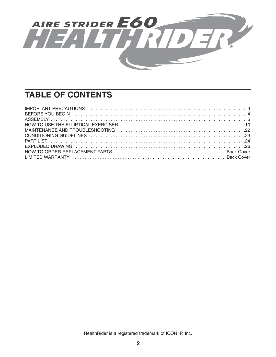 Healthrider HRCCEL59930 manual Table of Contents 