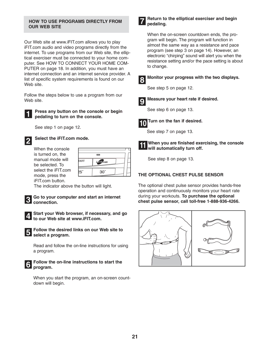 Healthrider HRCCEL59930 manual HOW to USE Programs Directly from OUR WEB Site, See on, Optional Chest Pulse Sensor 